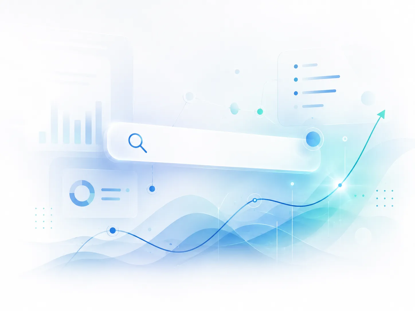 A light illustration of a search bar with a rising line chart and a donut chart.