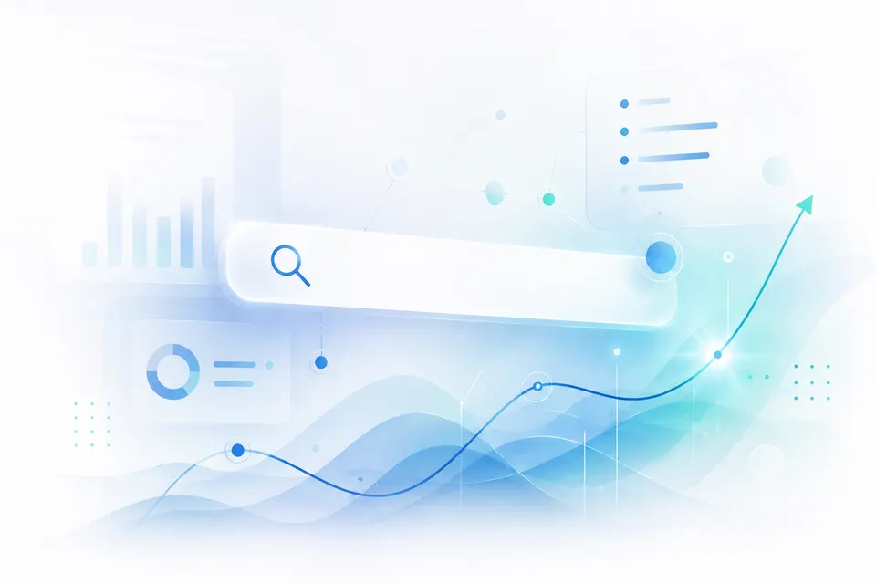 A light illustration of a search bar with a rising line chart, a donut chart and a list panel.