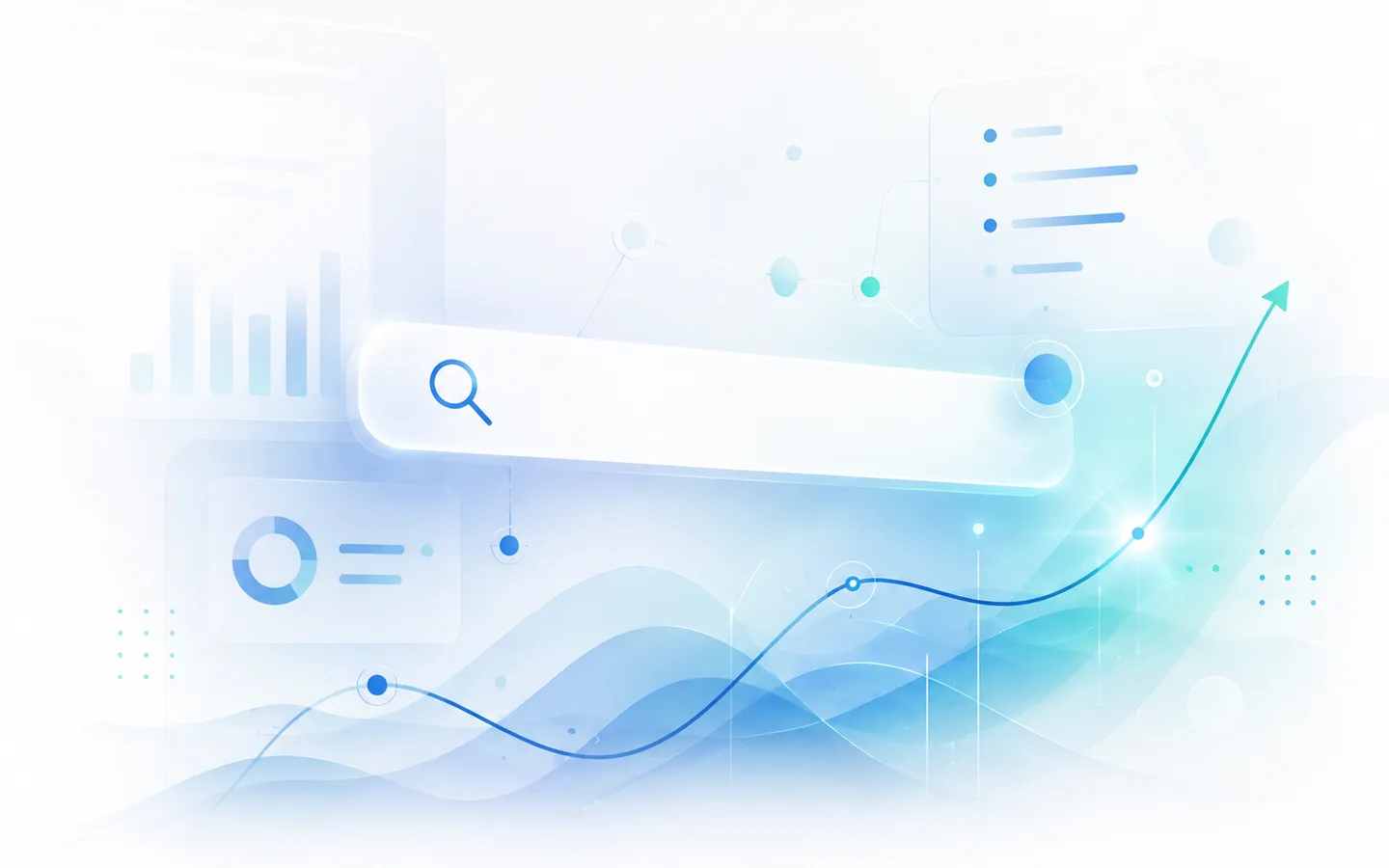 A light illustration of a search bar with a rising line chart, a donut chart and a list panel.