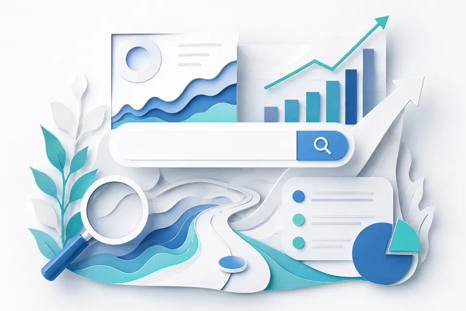A paper-craft style illustration of a search bar with a rising bar chart, a pie chart and a winding path.