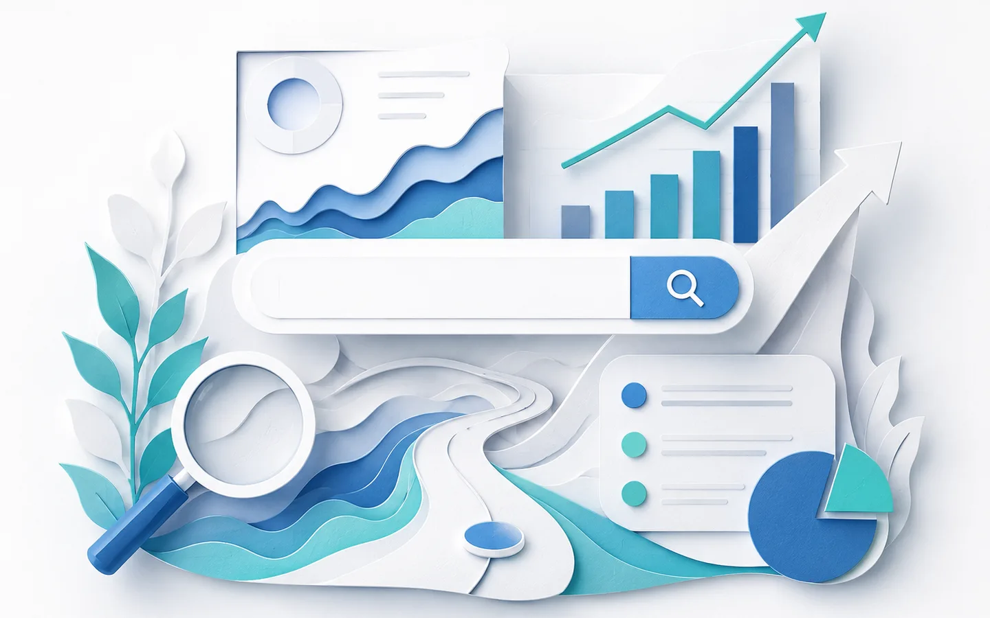 A paper-craft style illustration of a search bar with a rising bar chart, a pie chart and a winding path.