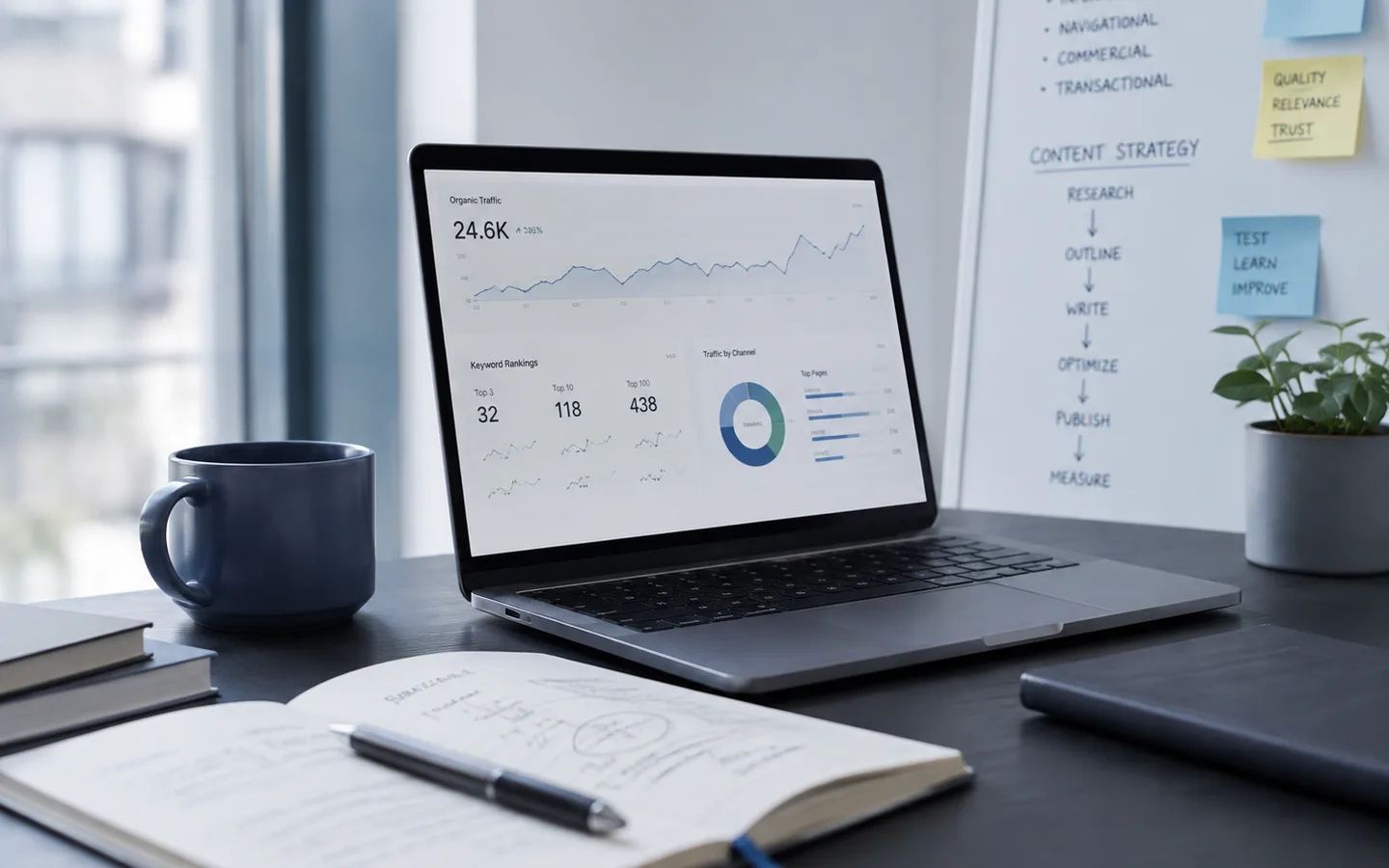 A laptop showing an SEO dashboard beside a whiteboard mapping a content strategy from research to publish and measure.