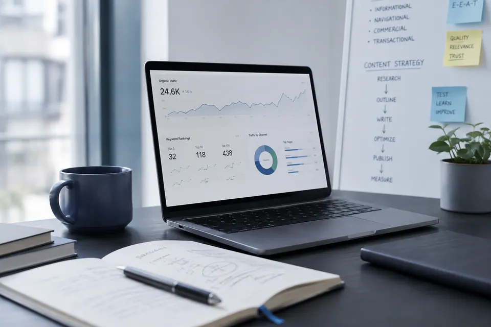 A laptop showing an SEO dashboard beside a whiteboard mapping a content strategy from research to publish and measure.