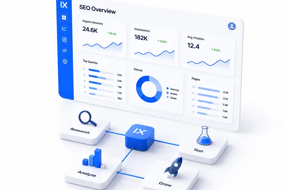 An SEO overview dashboard above a connected research, analyze, test and grow workflow.