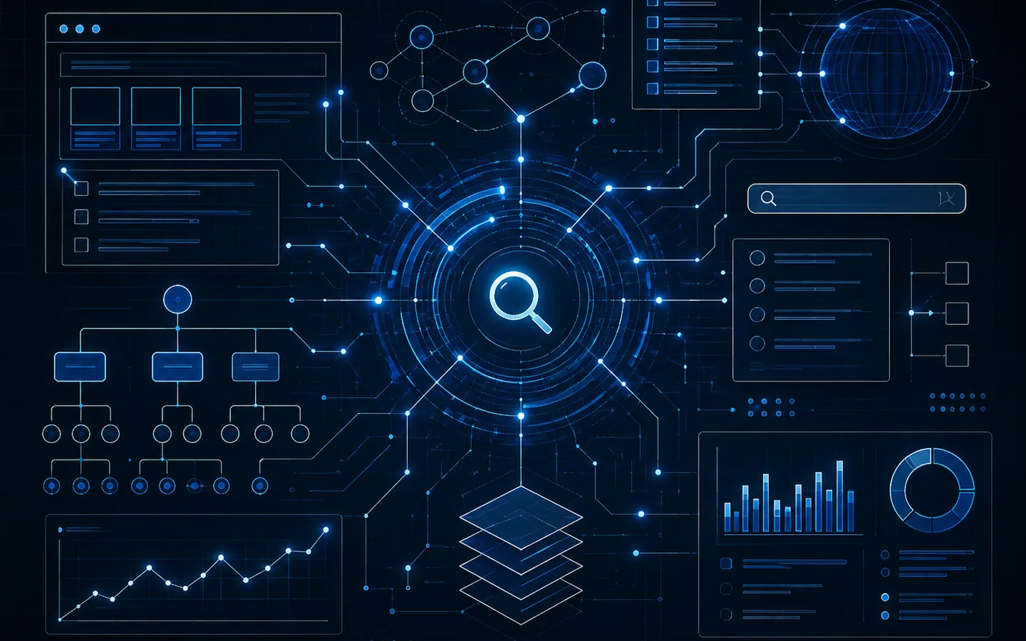 A dark schematic linking a central search icon to a globe, a site hierarchy tree, panels and charts.