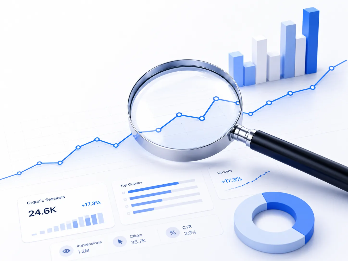 A magnifying glass over a search analytics dashboard with top queries and a rising traffic line.