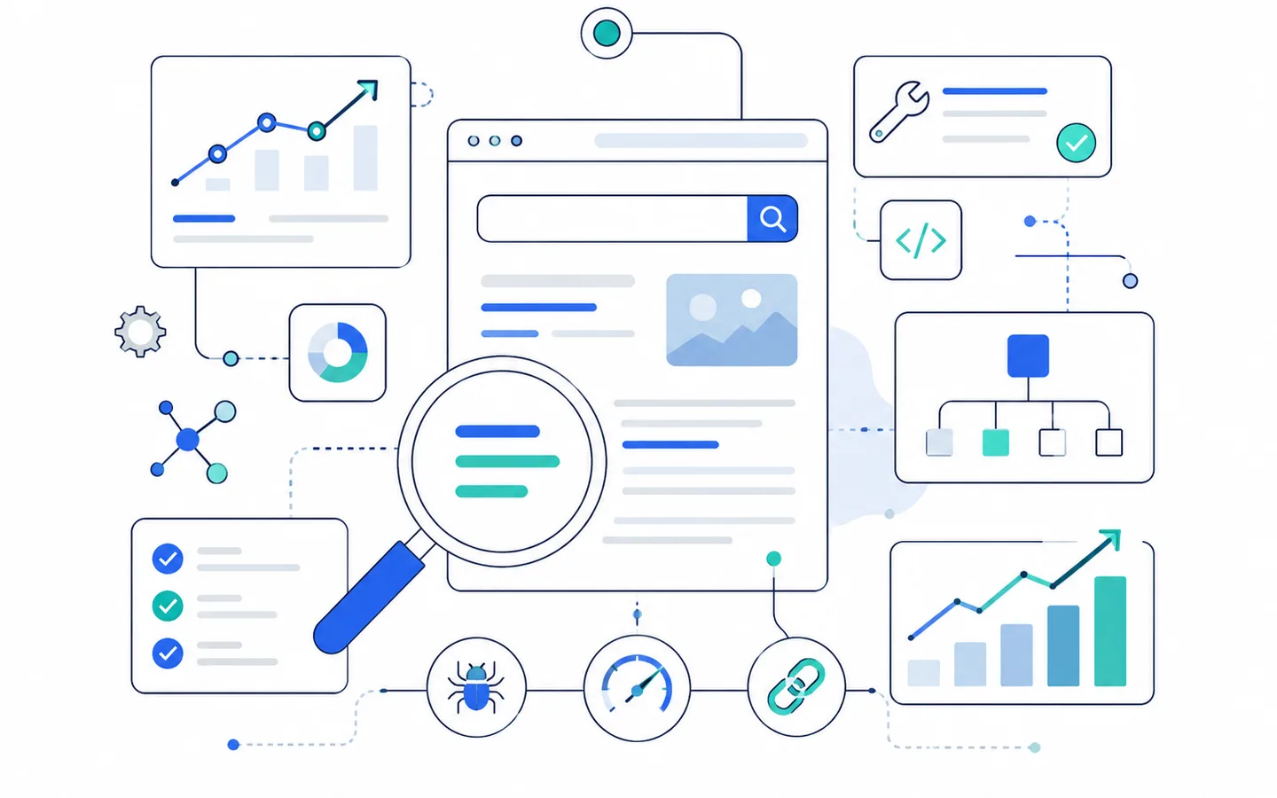 A flat illustration of a web page under a magnifying glass surrounded by charts, a checklist, a link icon and a site tree.