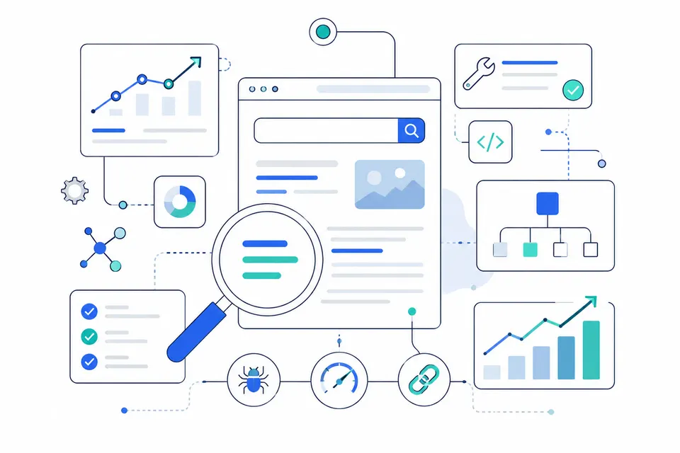 A flat illustration of a web page under a magnifying glass surrounded by charts, a checklist, a link icon and a site tree.