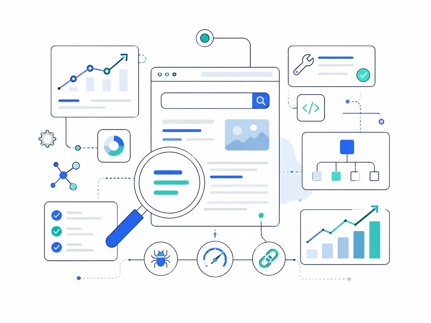 A flat illustration of a web page under a magnifying glass surrounded by charts, a checklist and a link icon.