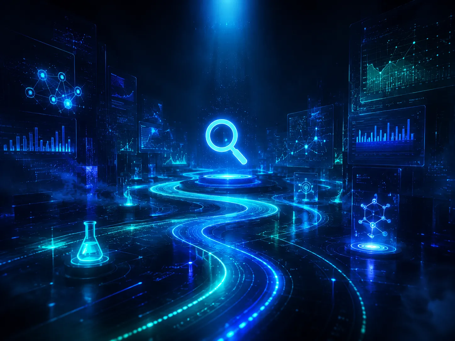 A futuristic dark scene with a glowing magnifier on a pedestal, data streams and floating screens of charts.
