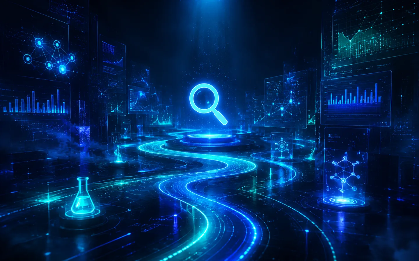 A futuristic dark scene with a glowing magnifier on a pedestal, data streams and floating screens of charts and node graphs.