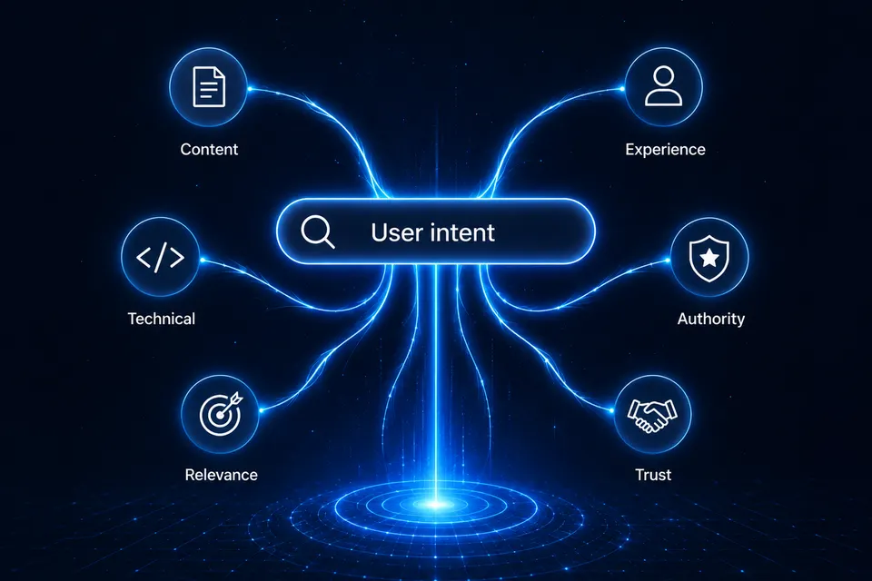 A glowing search bar labeled user intent linked to six factors: content, experience, technical, authority, relevance and trust.