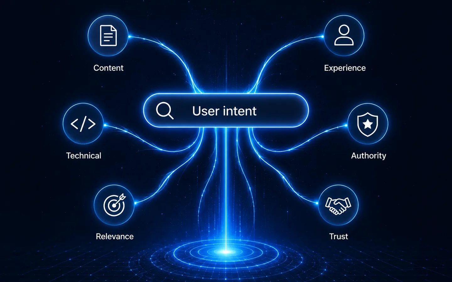 A glowing search bar labeled user intent linked to six factors: content, experience, technical, authority, relevance and trust.