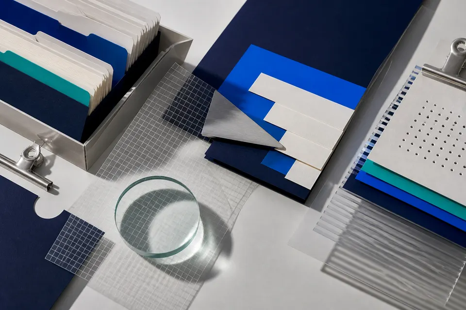 Index cards, translucent grid film and research materials arranged for a search study.