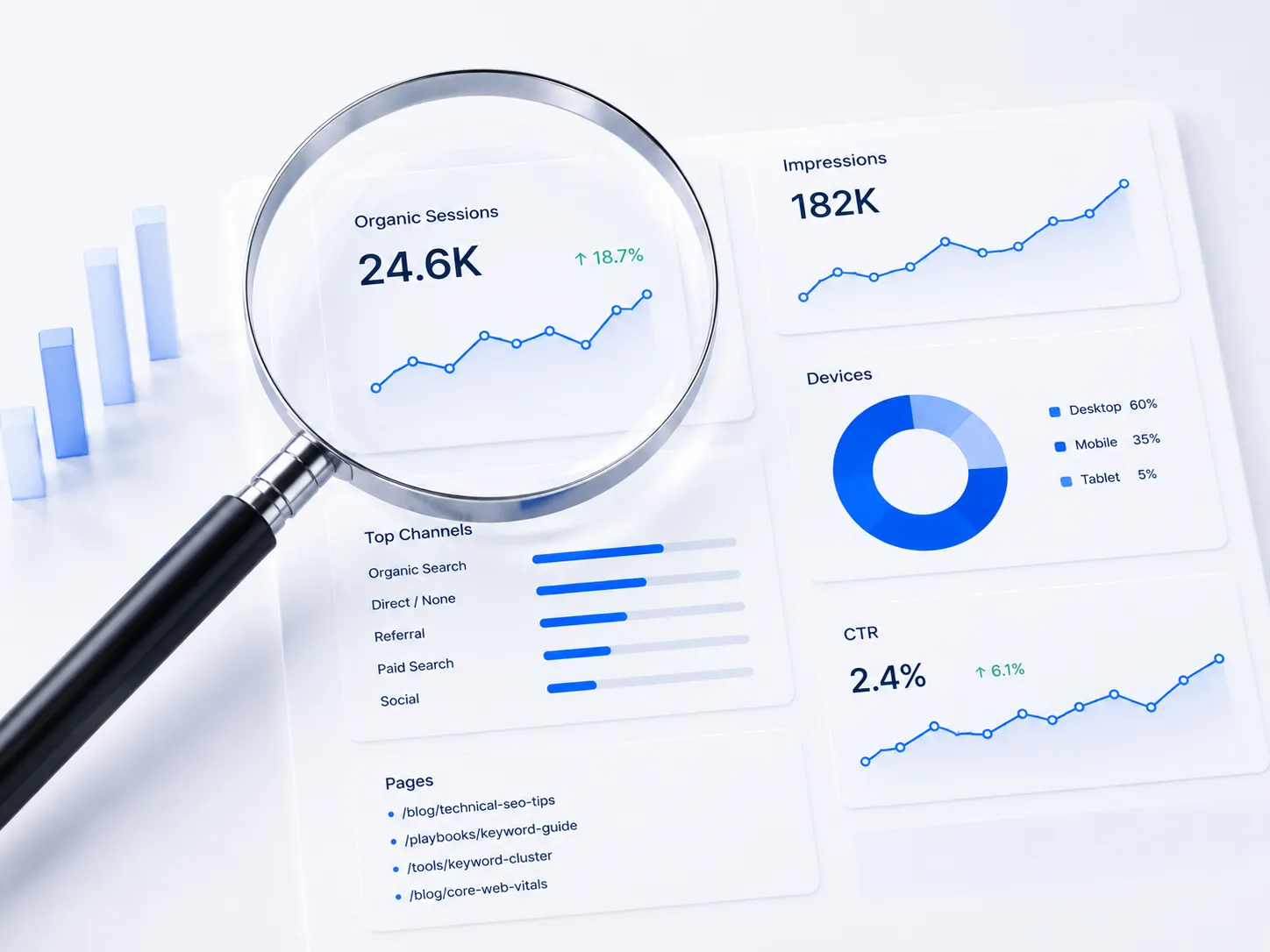 A magnifying glass over an SEO analytics dashboard showing sessions, channels and page URLs.