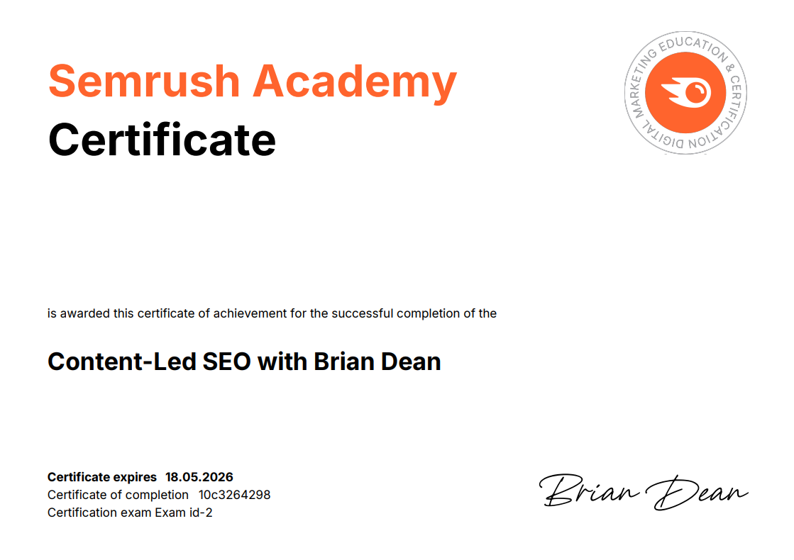 Content-Led SEO with Brian Dean certificate issued to Aiden by Semrush Academy